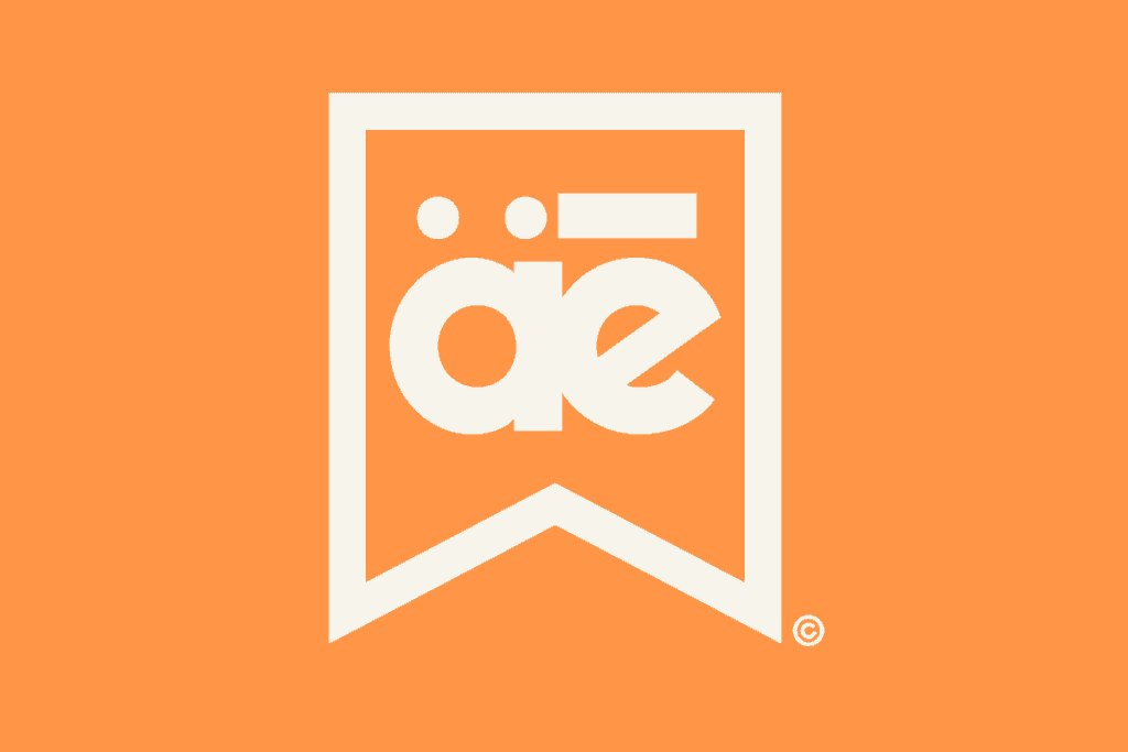 A stylized logo on an orange background featuring the letters "äe" enclosed within a minimalist banner-shaped frame. The design includes umlaut accents above the "a" and a macron accent above the "e," capturing the brand’s distinct aesthetic. A small copyright symbol is placed in the bottom right corner, reinforcing brand identity.